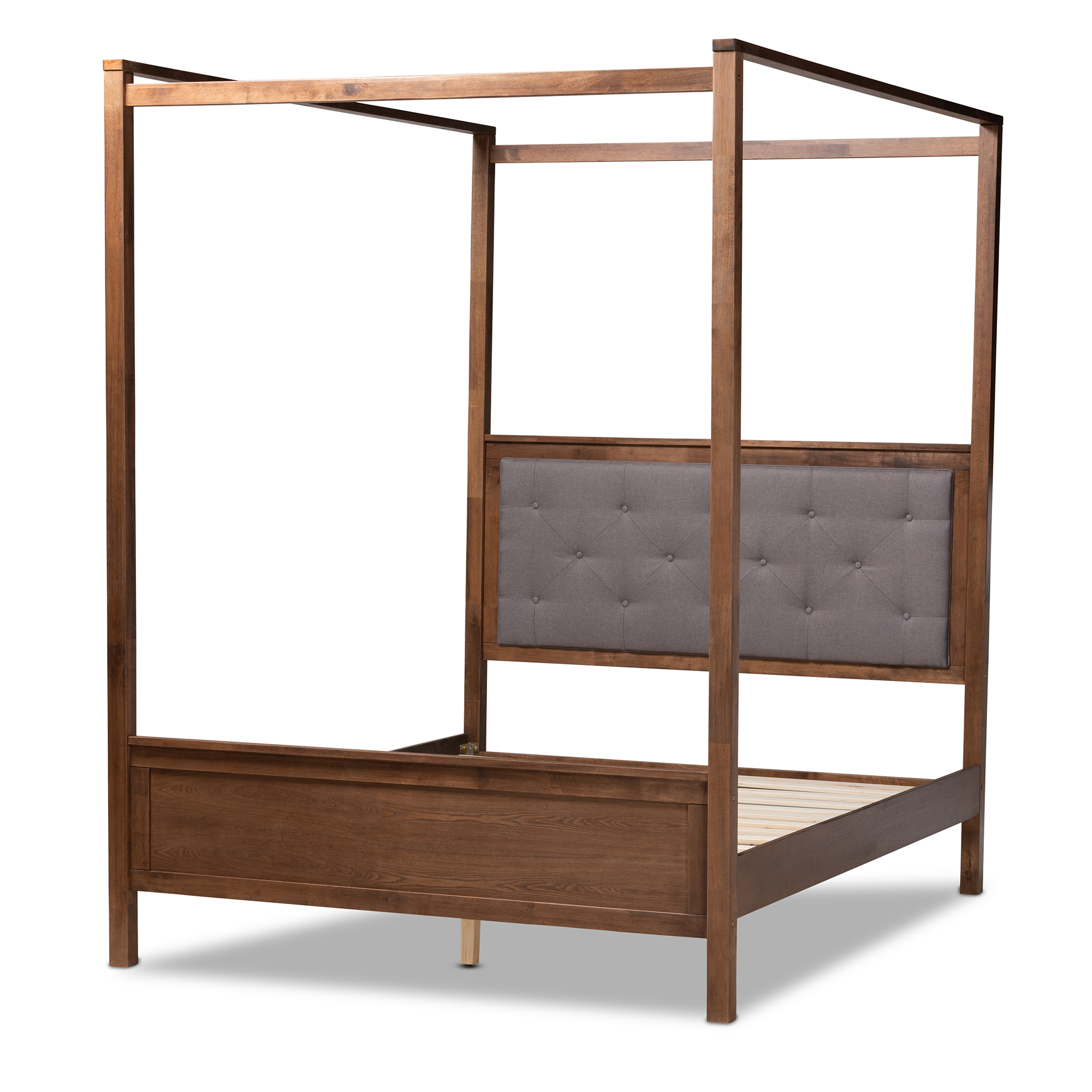 Baxton Studio Natasha Modern and Contemporary Grey Fabric Upholstered and Walnut Brown Finished Wood King Size Platform Canopy Bed